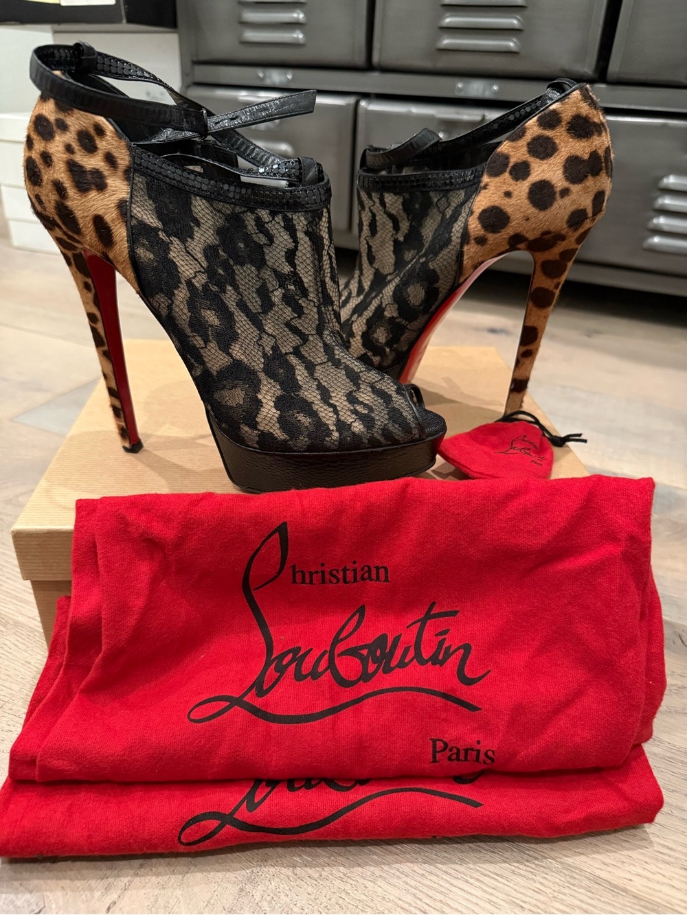Christian Louboutin Black Lace & Leopard Peep-Toe Pumps